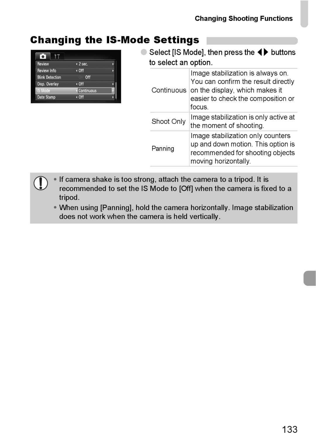 Canon IXUS11015 manual Changing the IS-Mode Settings, 133 