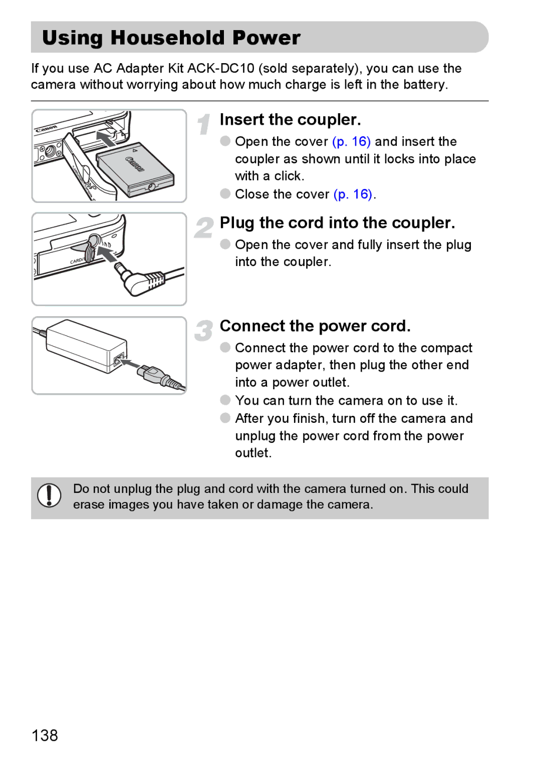 Canon IXUS11015 Using Household Power, Insert the coupler, Plug the cord into the coupler, Connect the power cord, 138 