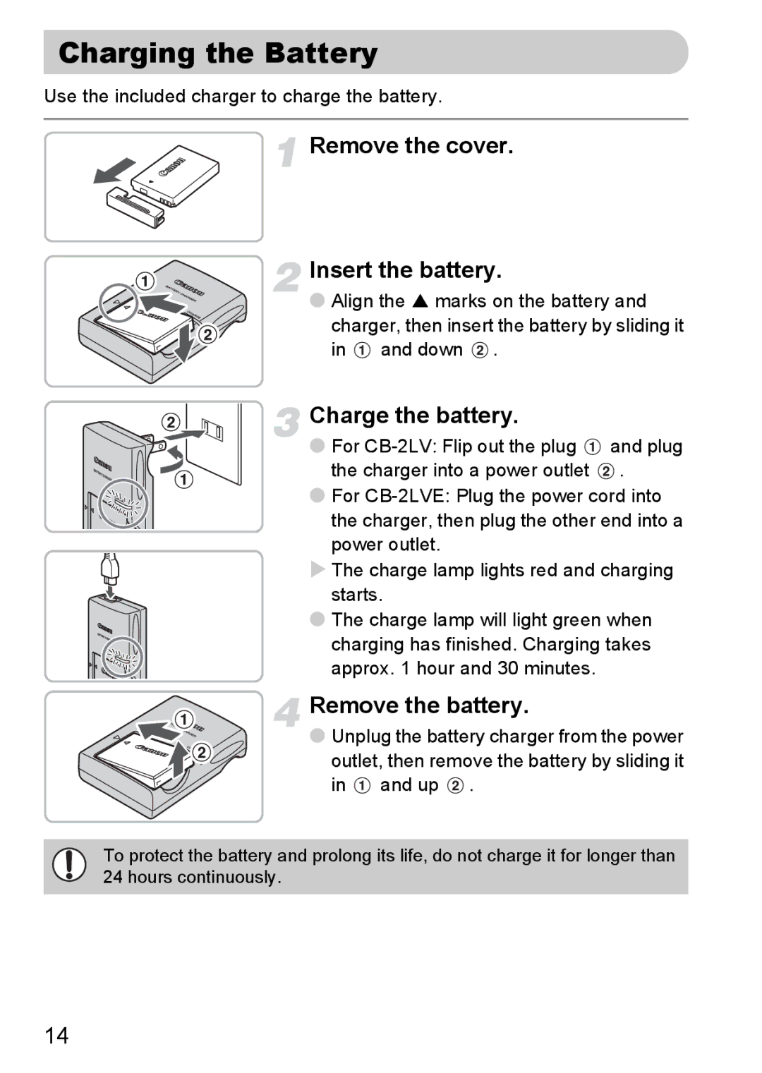 Canon IXUS11015 manual Charging the Battery, Remove the cover Insert the battery, Charge the battery, Remove the battery 