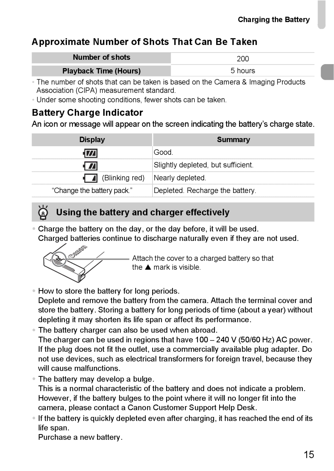 Canon IXUS11015 manual Approximate Number of Shots That Can Be Taken, Battery Charge Indicator 