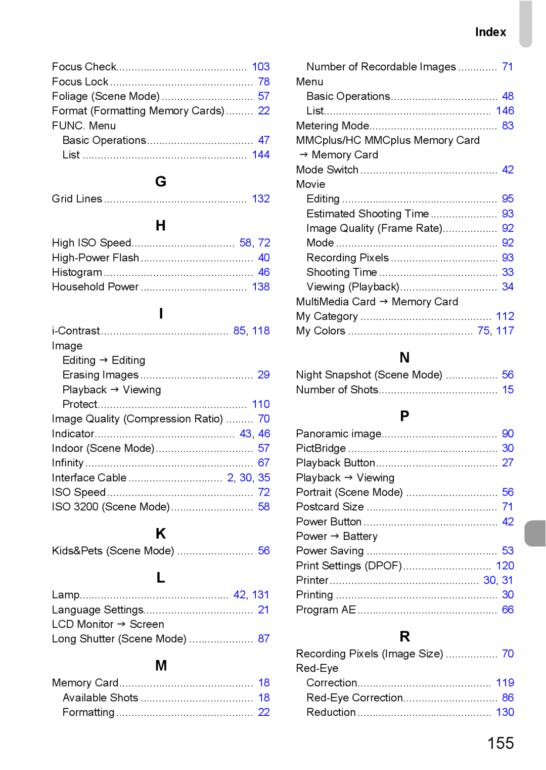 Canon IXUS11015 manual 155, Index 