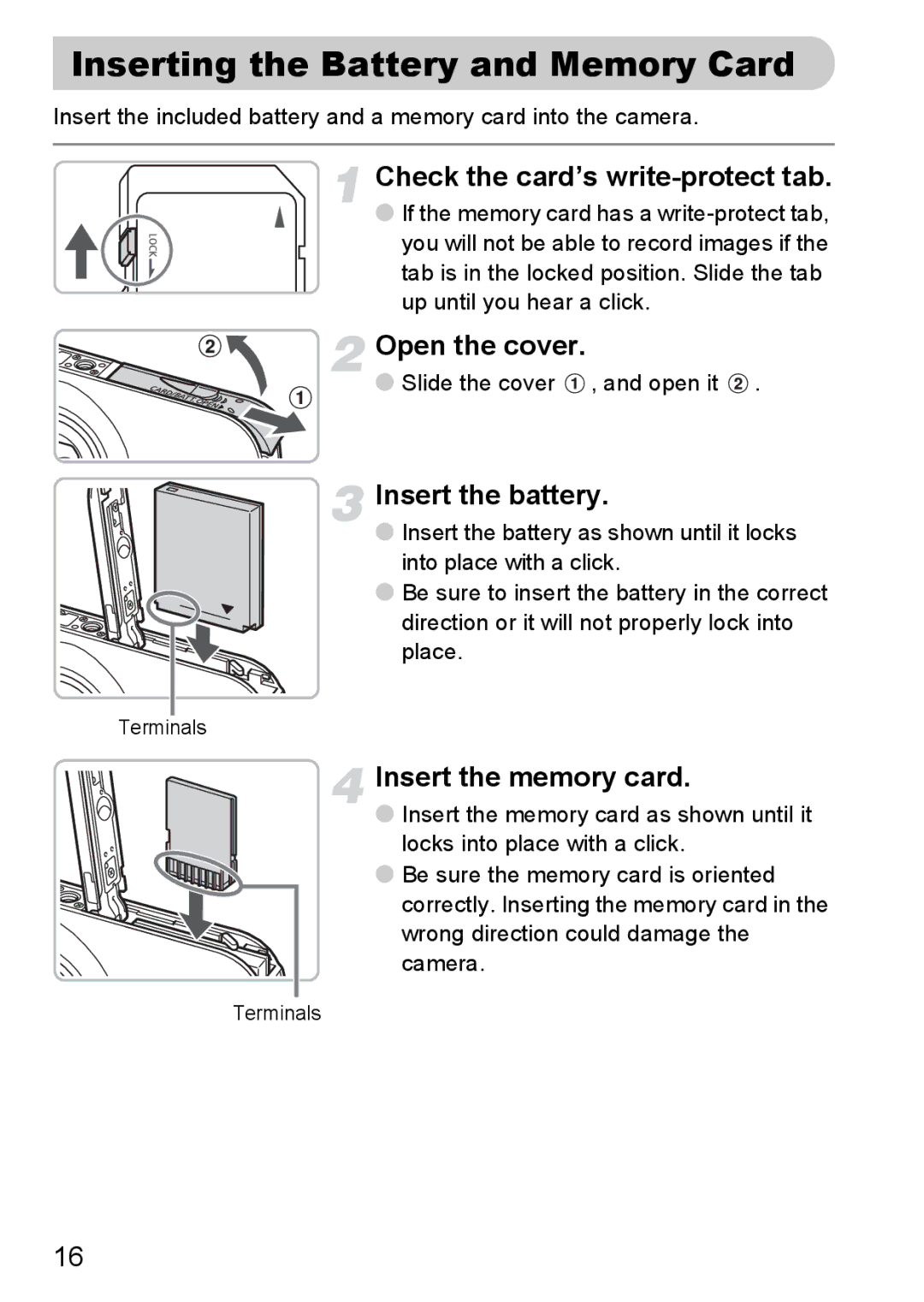 Canon IXUS11015 manual Inserting the Battery and Memory Card, Check the card’s write-protect tab, Open the cover 