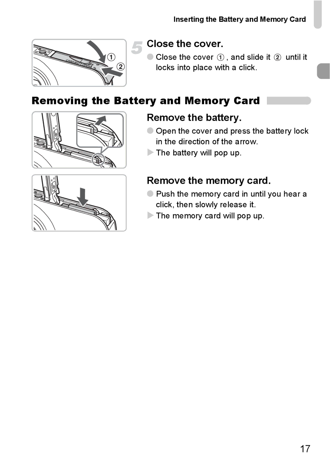 Canon IXUS11015 manual Removing the Battery and Memory Card, Close the cover, Remove the memory card 