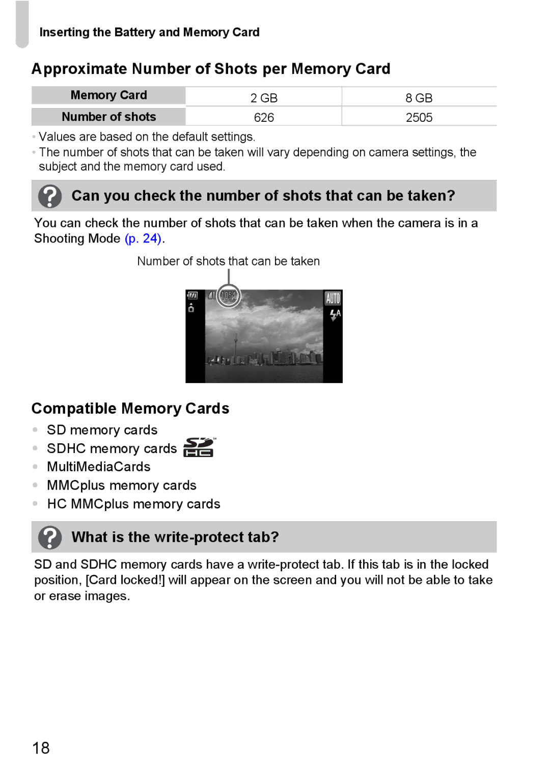 Canon IXUS11015 manual Approximate Number of Shots per Memory Card, Can you check the number of shots that can be taken? 