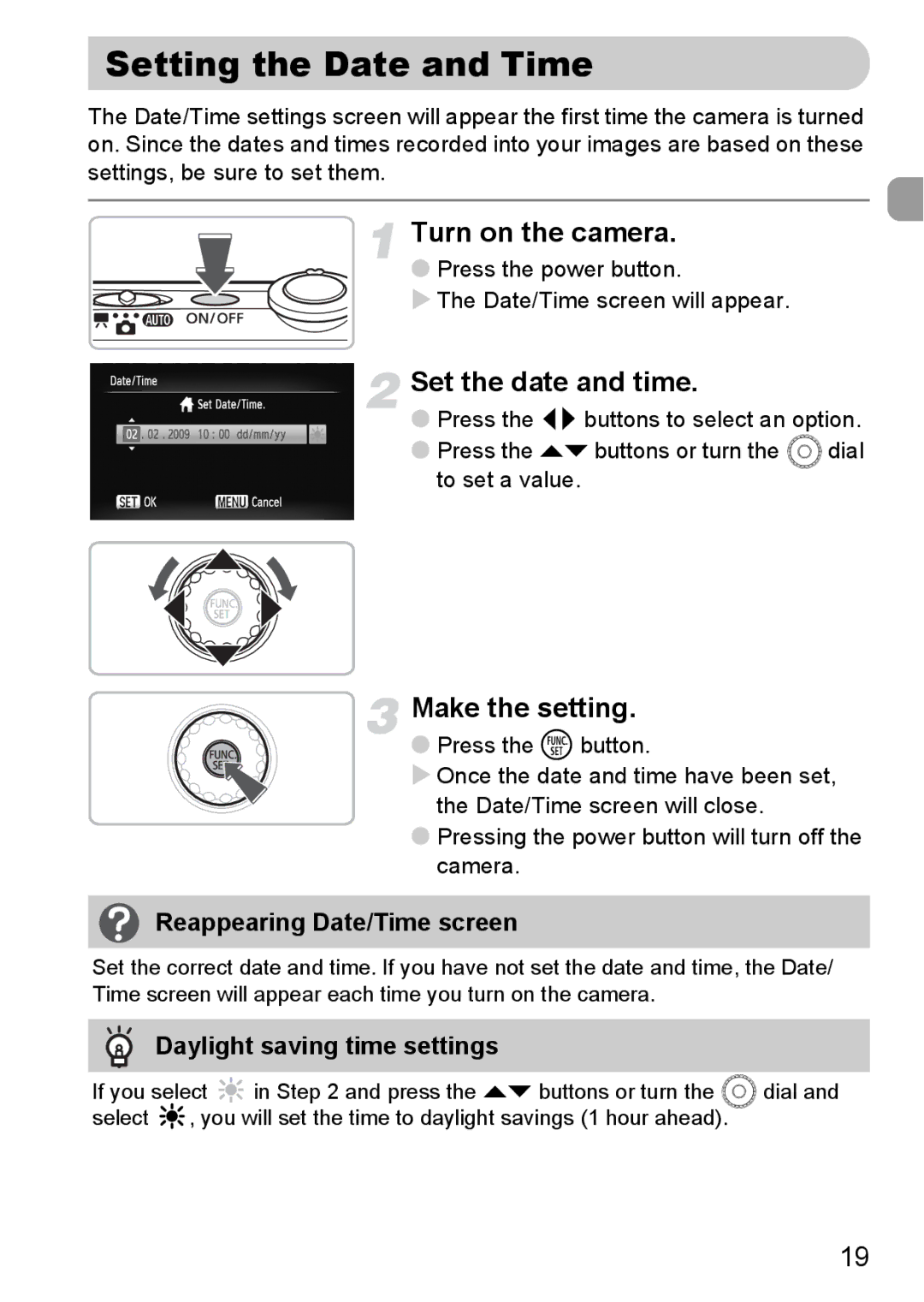 Canon IXUS11015 manual Setting the Date and Time, Turn on the camera, Set the date and time, Make the setting 