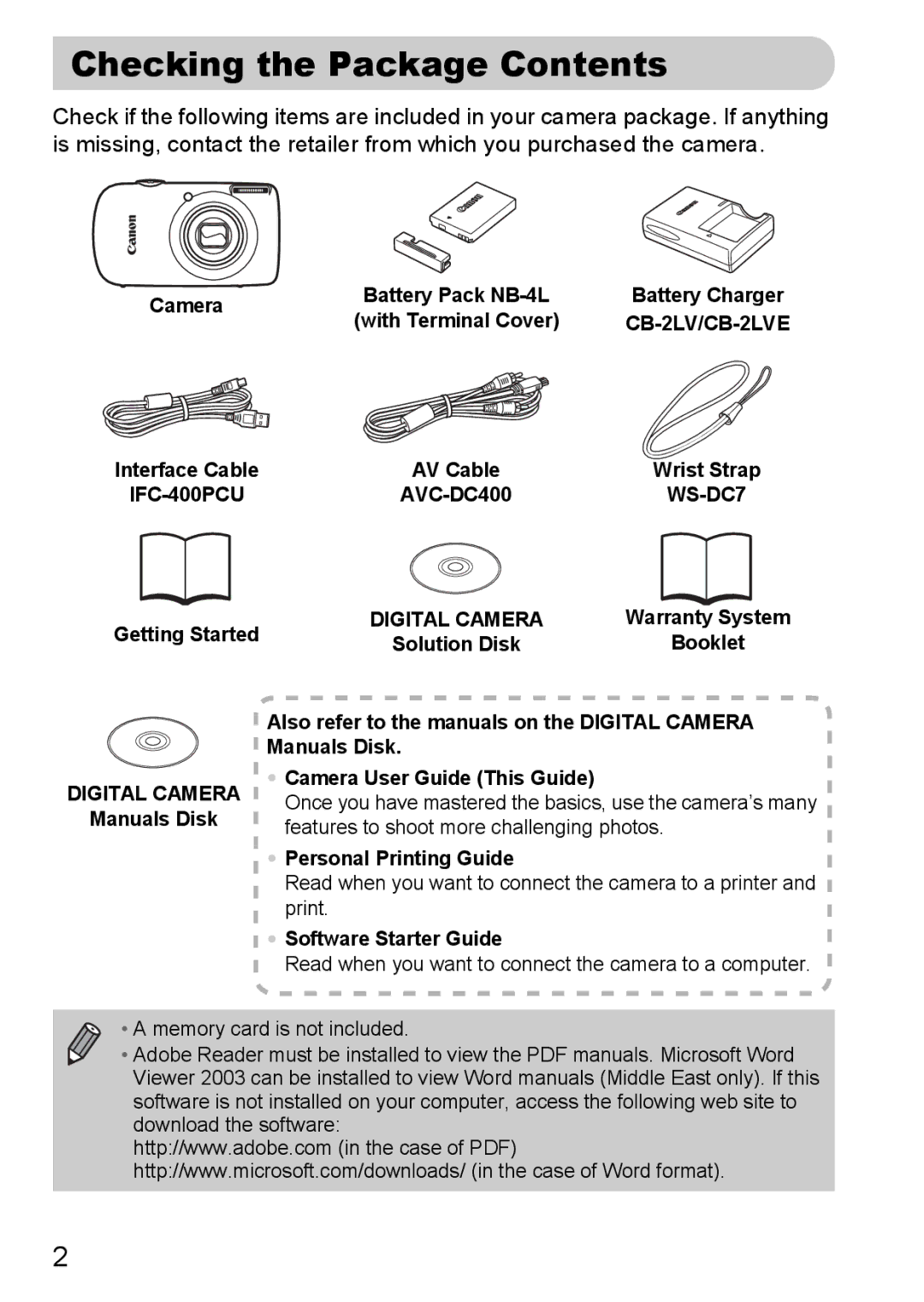 Canon IXUS11015 manual Checking the Package Contents 