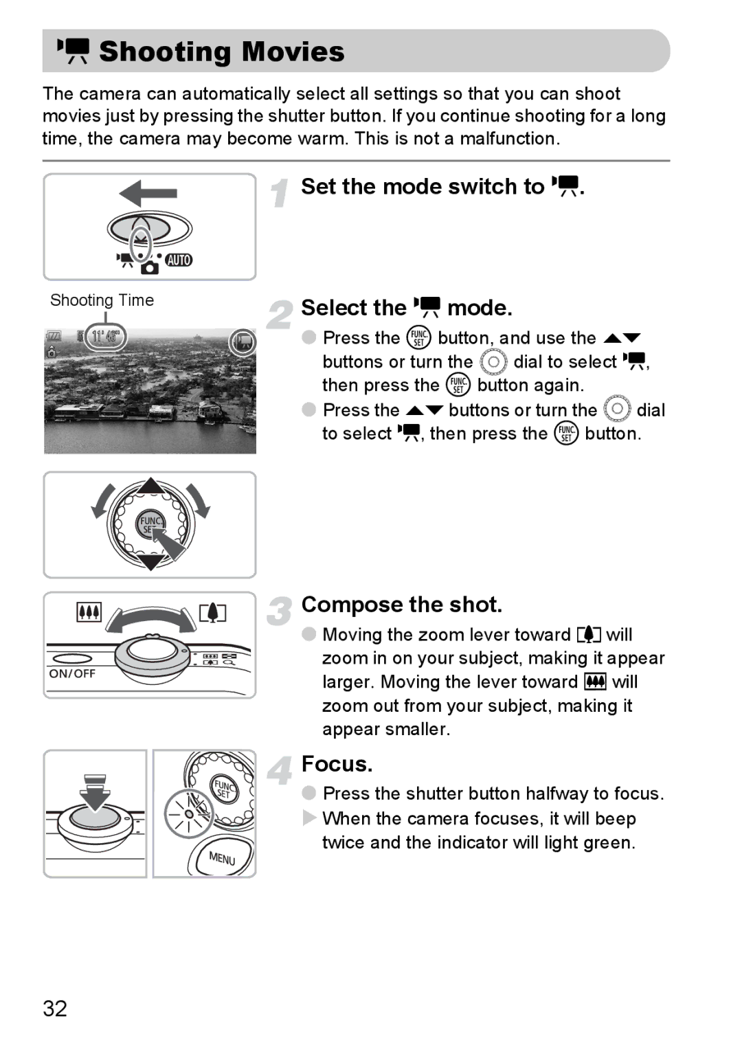 Canon IXUS11015 manual Shooting Movies, Set the mode switch to E, Select the E mode 