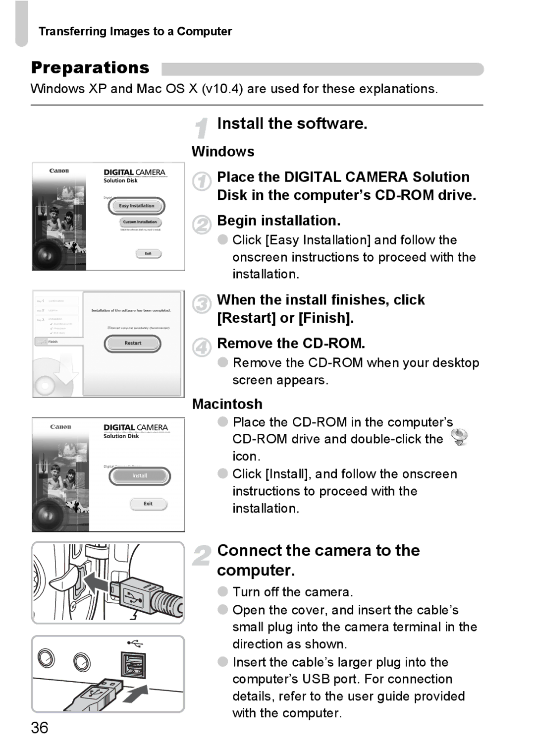 Canon IXUS11015 Preparations, Install the software, Connect the camera to the computer, Transferring Images to a Computer 