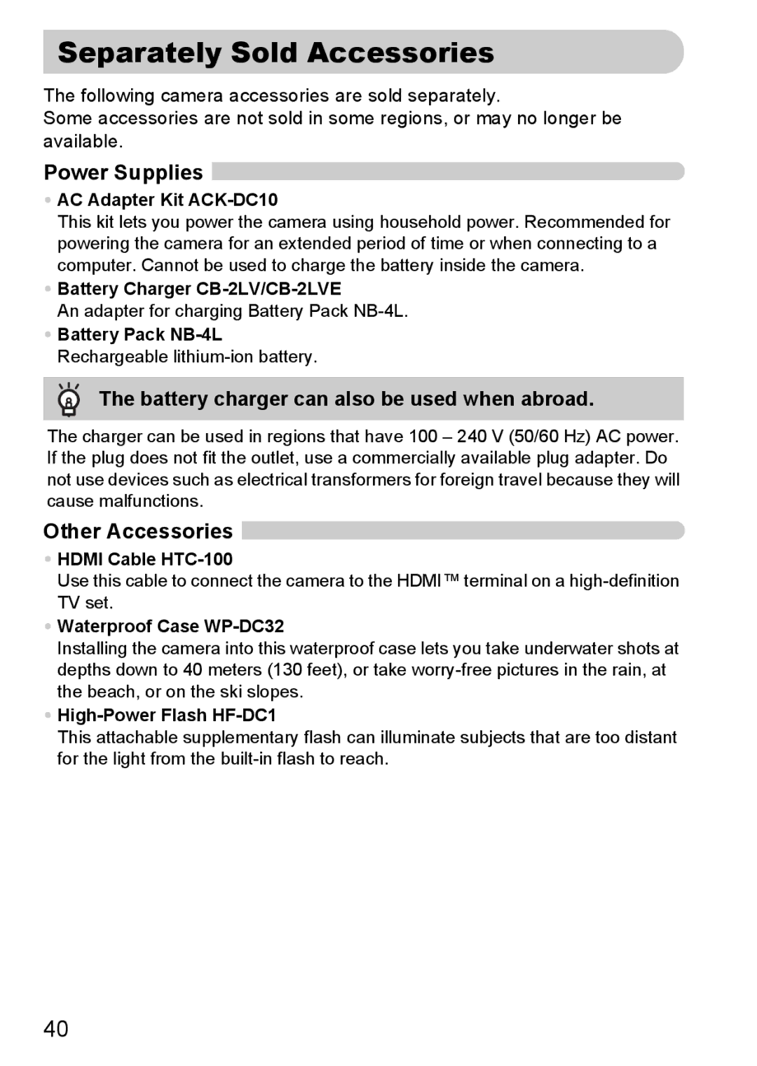 Canon IXUS11015 manual Separately Sold Accessories, Power Supplies, Battery charger can also be used when abroad 