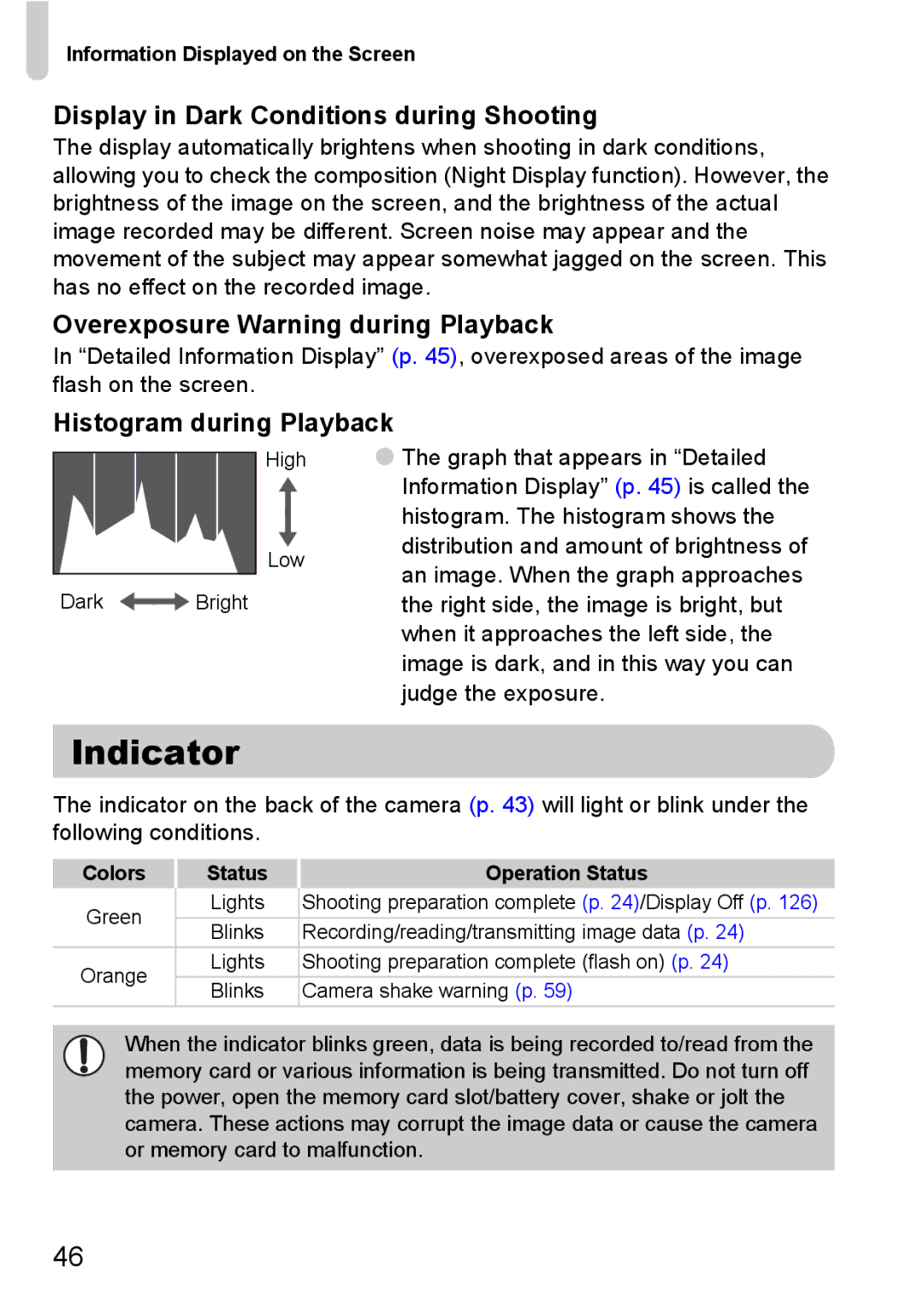 Canon IXUS11015 manual Indicator, Display in Dark Conditions during Shooting, Overexposure Warning during Playback 