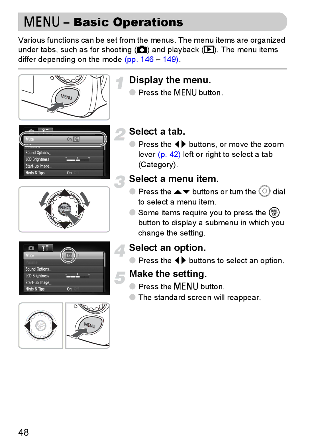 Canon IXUS11015 manual Basic Operations, Display the menu, Select a tab 