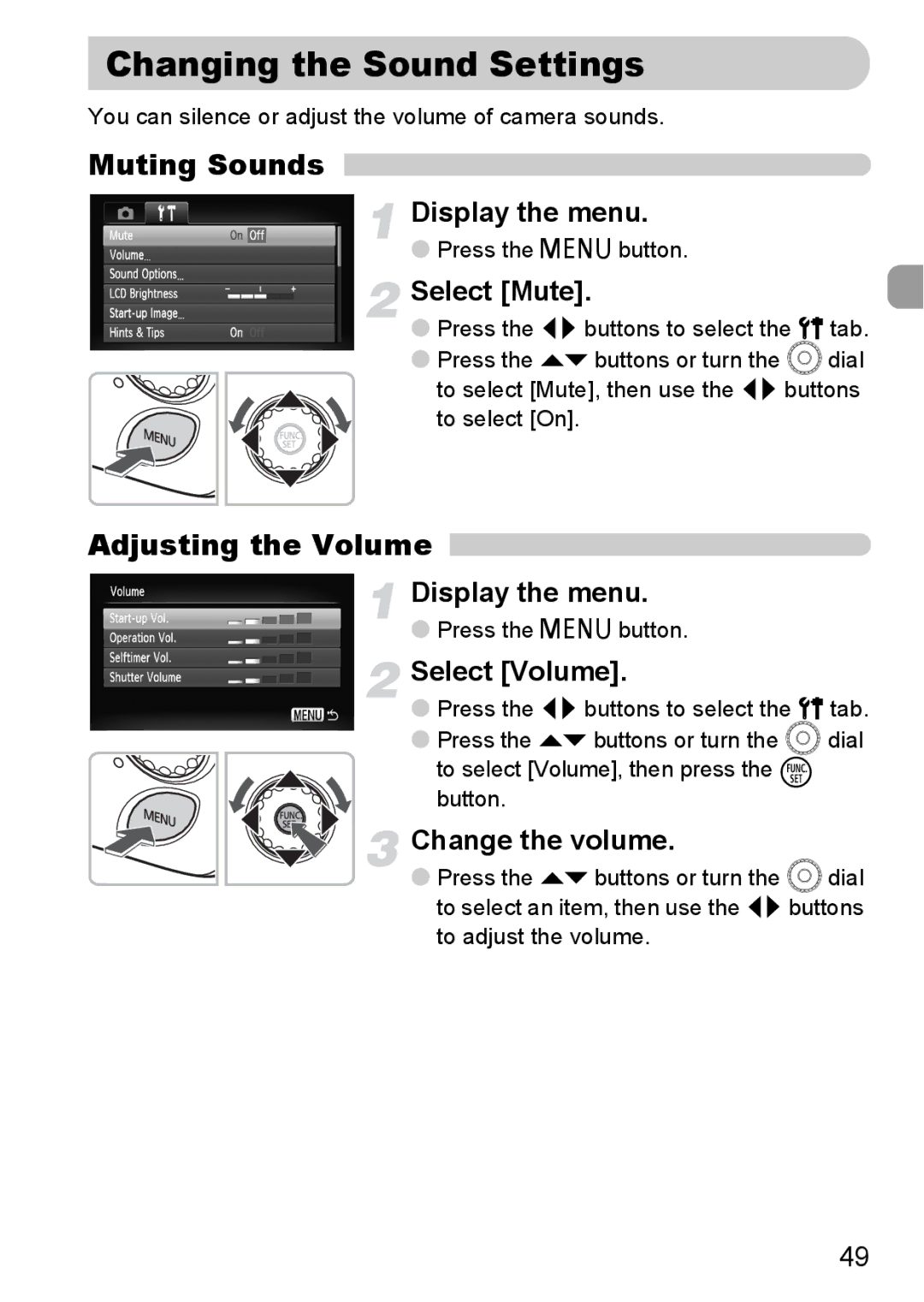 Canon IXUS11015 manual Changing the Sound Settings, Muting Sounds, Adjusting the Volume 