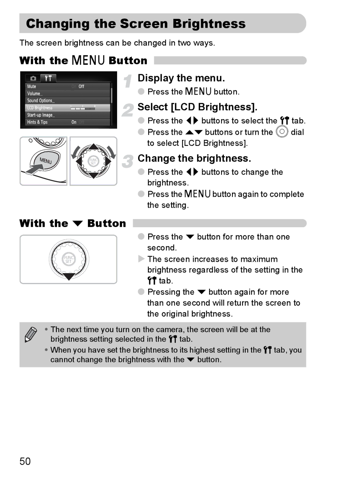 Canon IXUS11015 manual Changing the Screen Brightness, With the n Button, With the p Button, Select LCD Brightness 