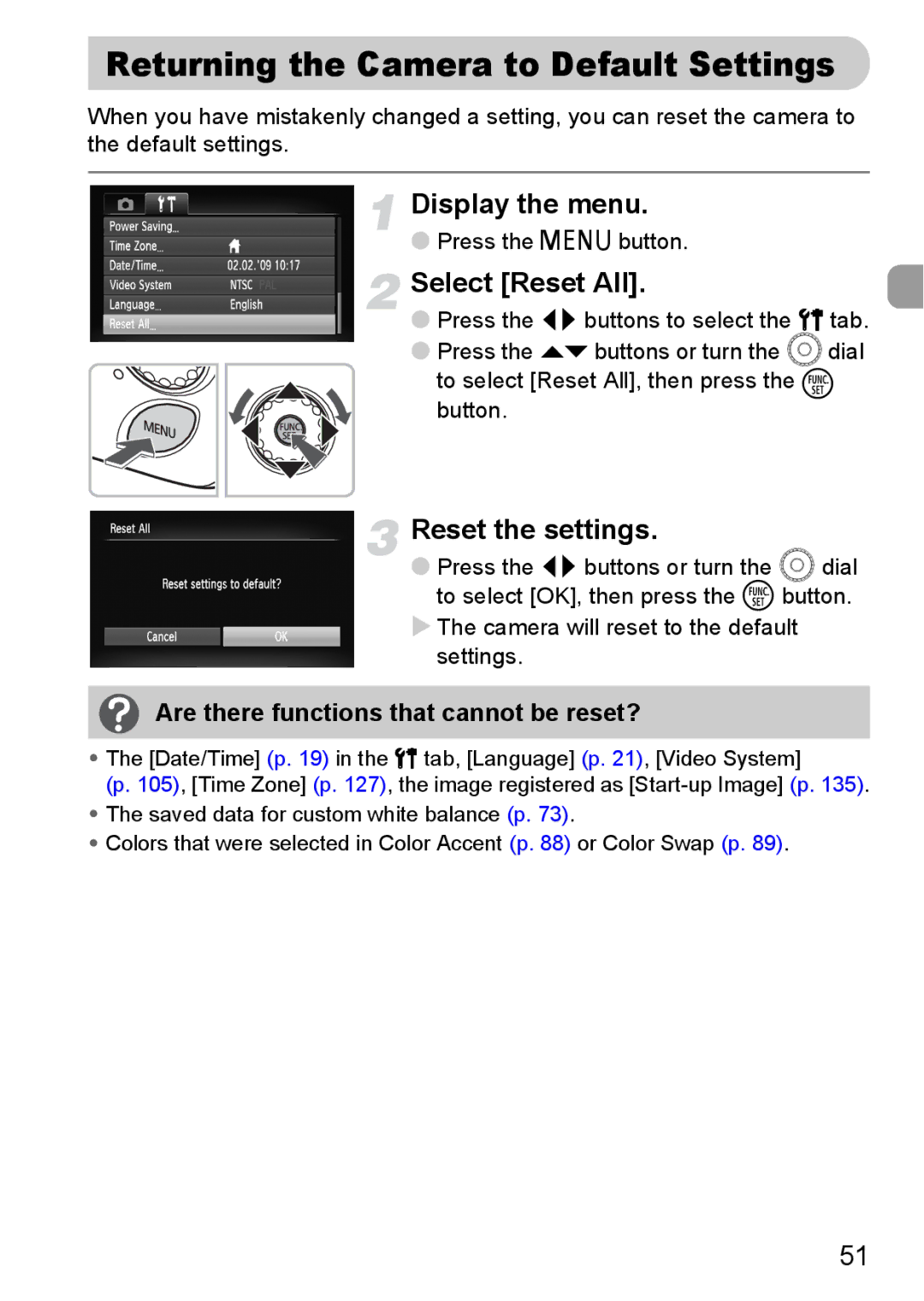 Canon IXUS11015 manual Returning the Camera to Default Settings, Select Reset All, Reset the settings 