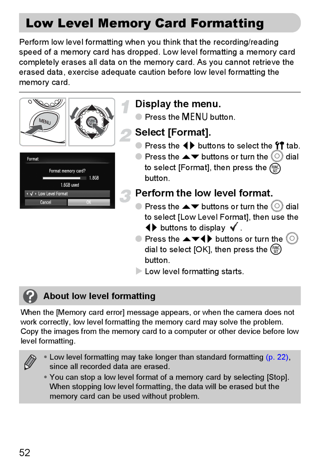 Canon IXUS11015 manual Low Level Memory Card Formatting, Perform the low level format, About low level formatting 