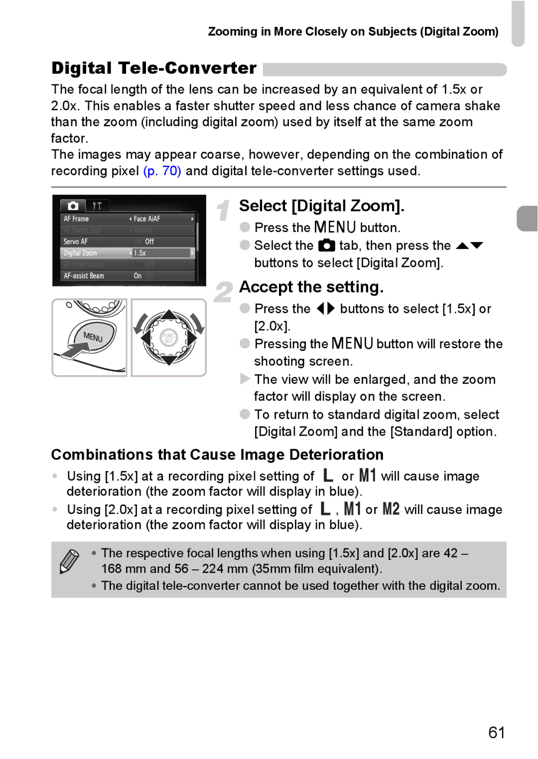 Canon IXUS11015 manual Digital Tele-Converter, Select Digital Zoom, Accept the setting 