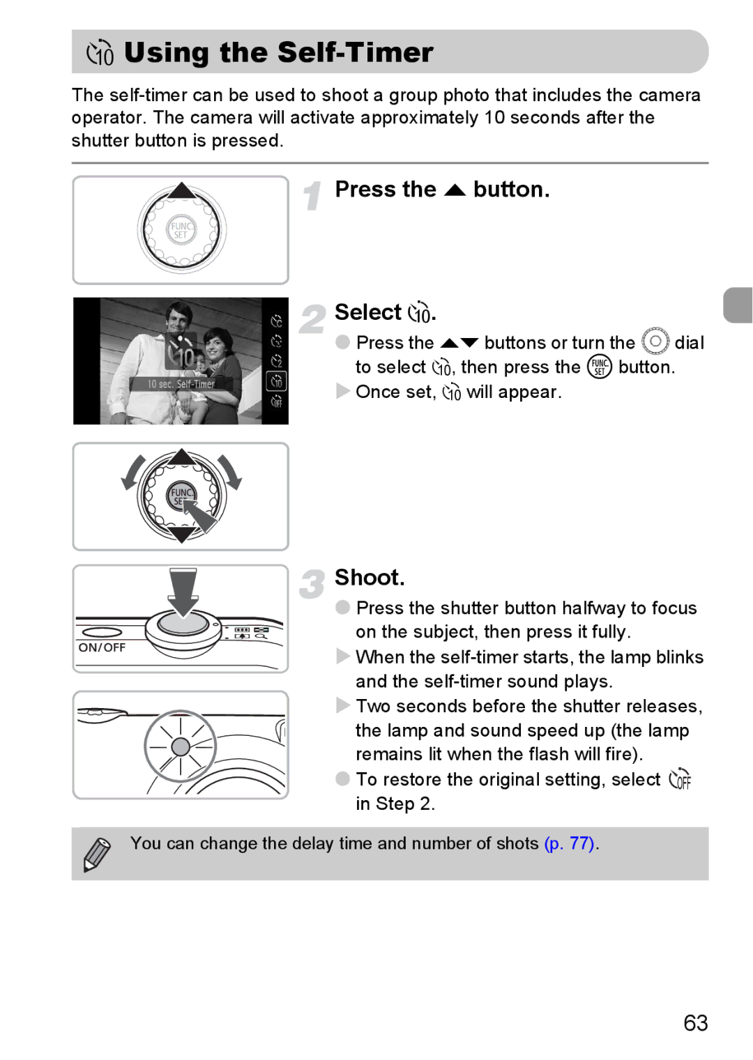 Canon IXUS11015 manual Using the Self-Timer, Press the o button Select Ò 