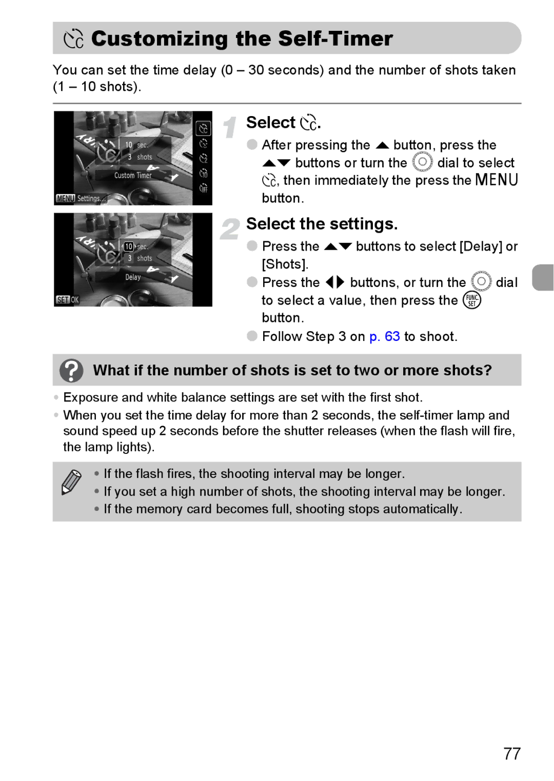 Canon IXUS11015 manual $ Customizing the Self-Timer, Select $, Select the settings 