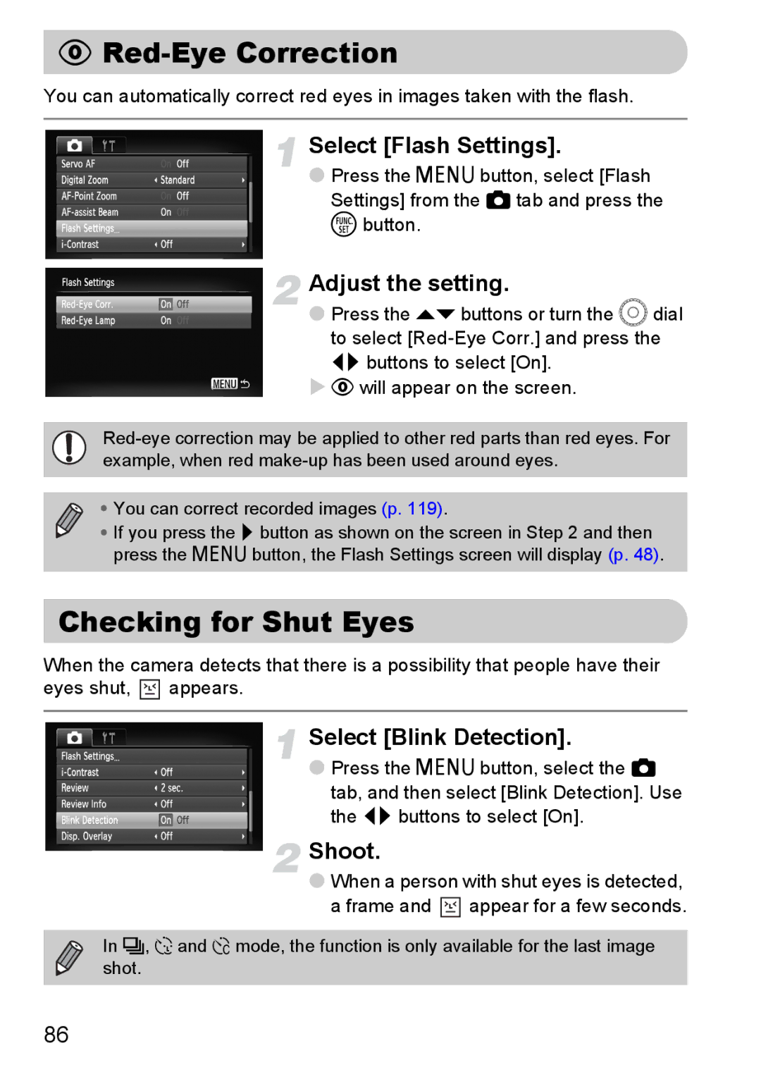 Canon IXUS11015 manual Red-Eye Correction, Checking for Shut Eyes, Select Flash Settings, Adjust the setting 