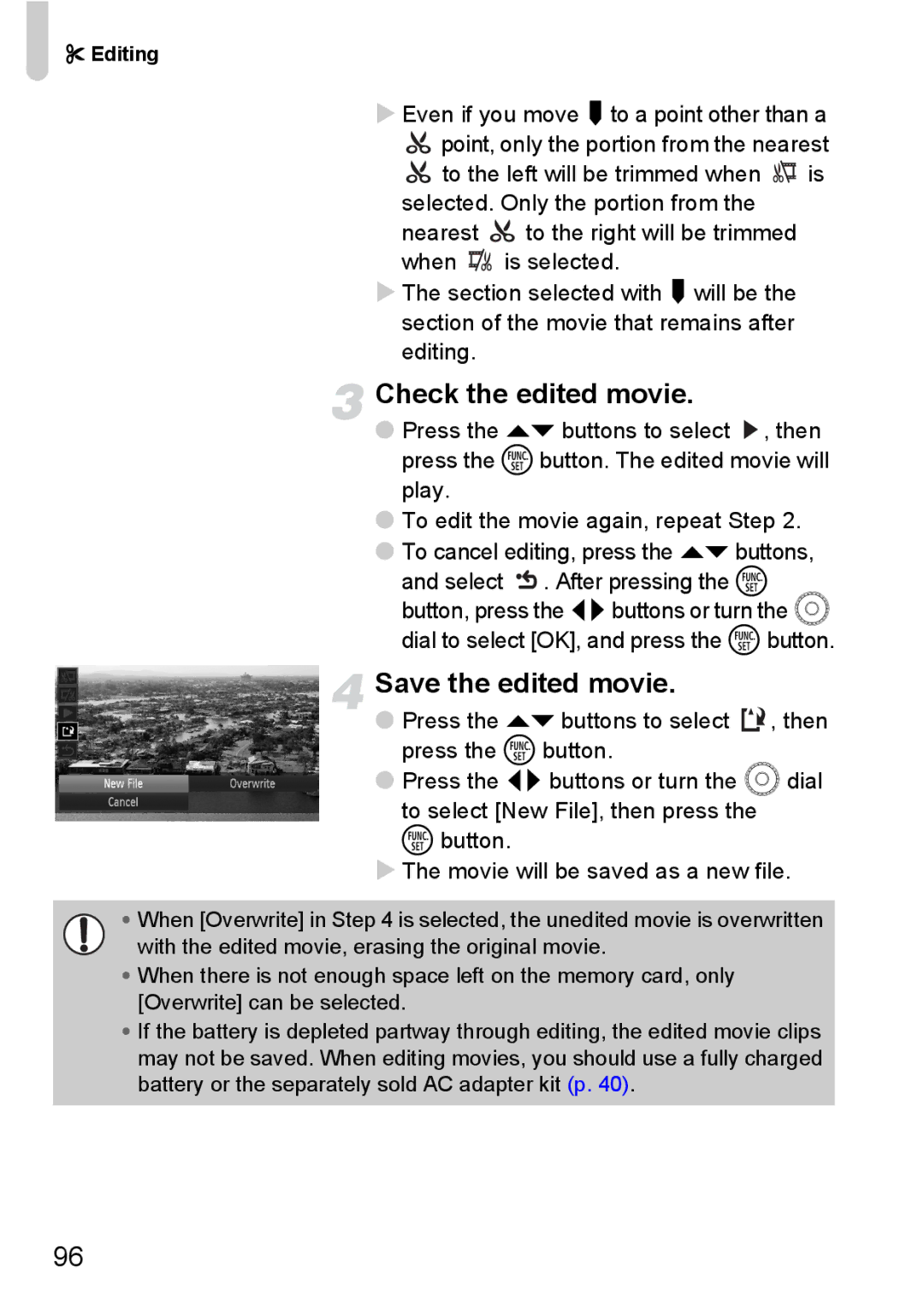 Canon IXUS11015 manual Check the edited movie, Save the edited movie 