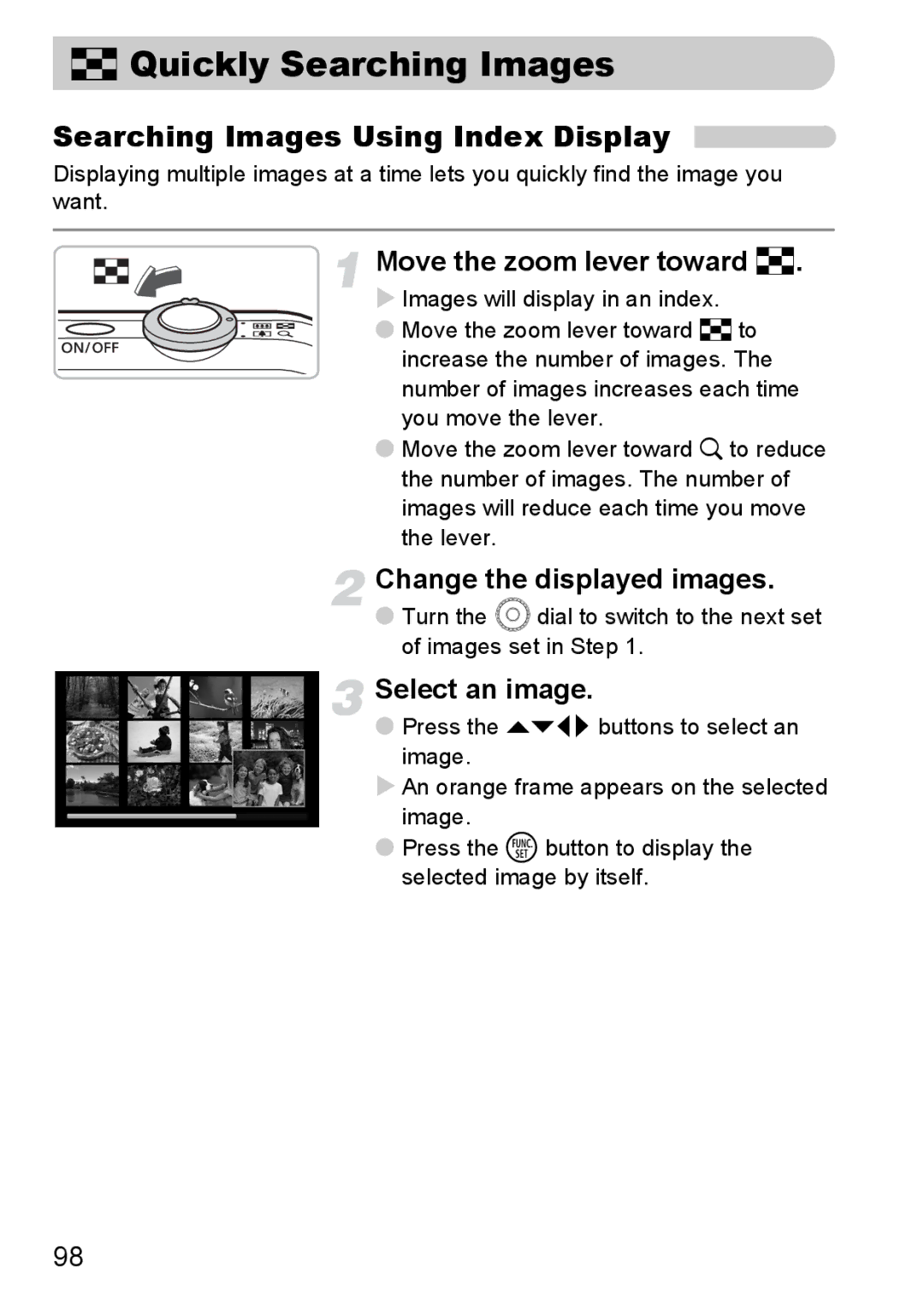 Canon IXUS11015 manual Quickly Searching Images, Searching Images Using Index Display, Move the zoom lever toward g 