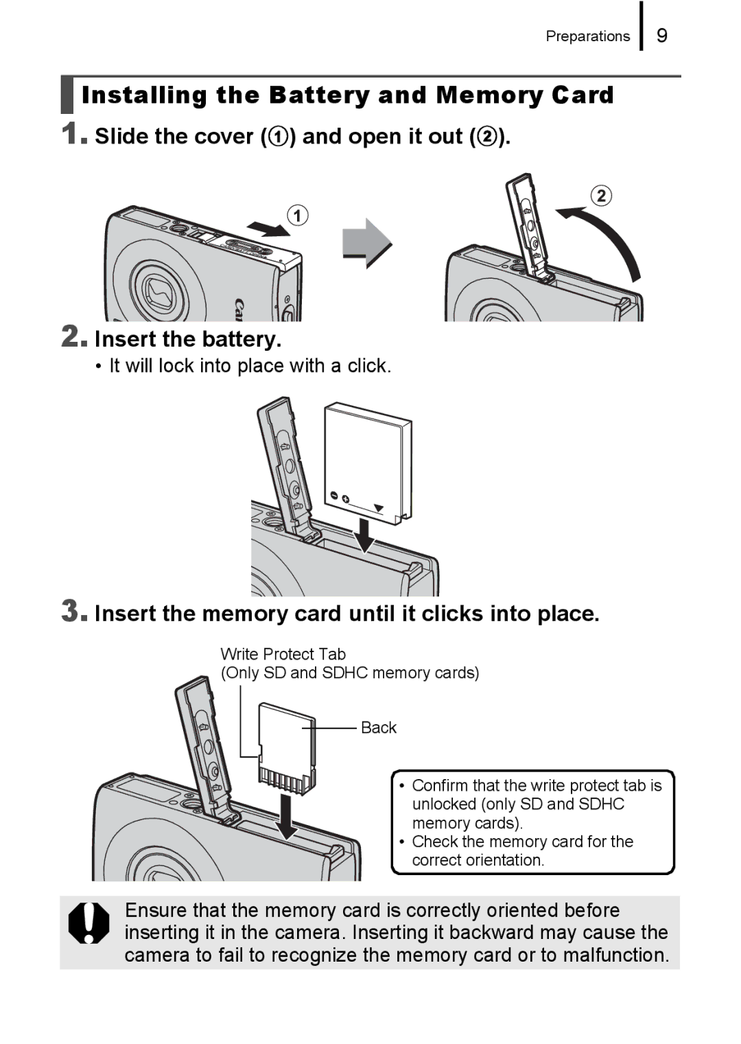 Canon IXUS 80IS, IXUS82IS Installing the Battery and Memory Card, Slide the cover a and open it out b Insert the battery 