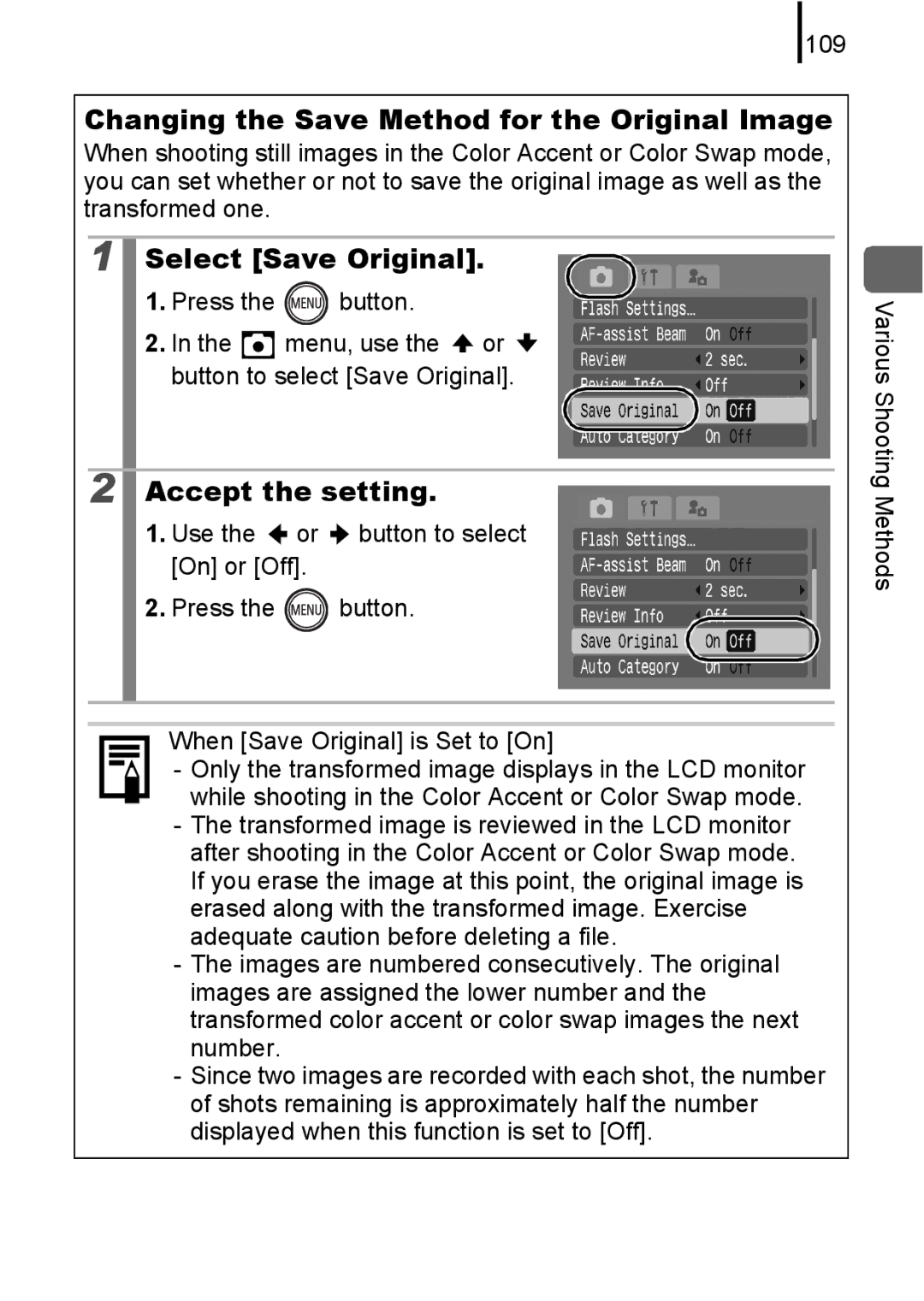 Canon IXUS 80IS, IXUS82IS manual Changing the Save Method for the Original Image, Select Save Original, 109 