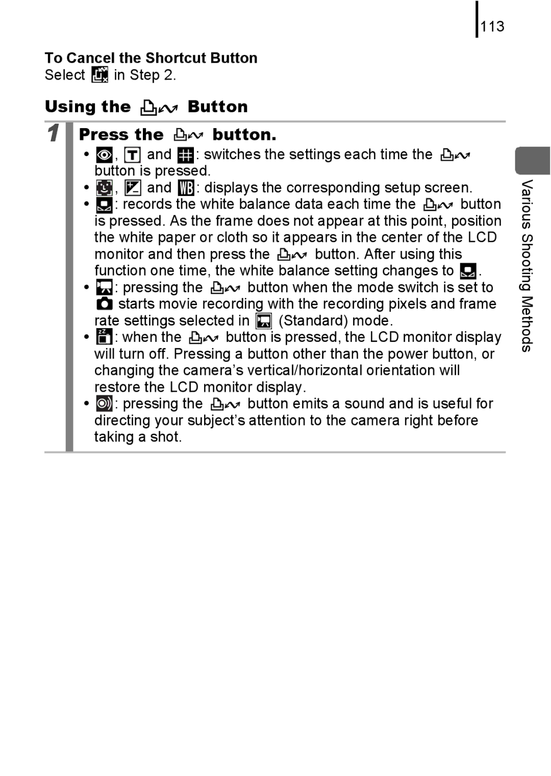 Canon IXUS 80IS, IXUS82IS manual Using Button Press, 113, To Cancel the Shortcut Button, Select in Step 