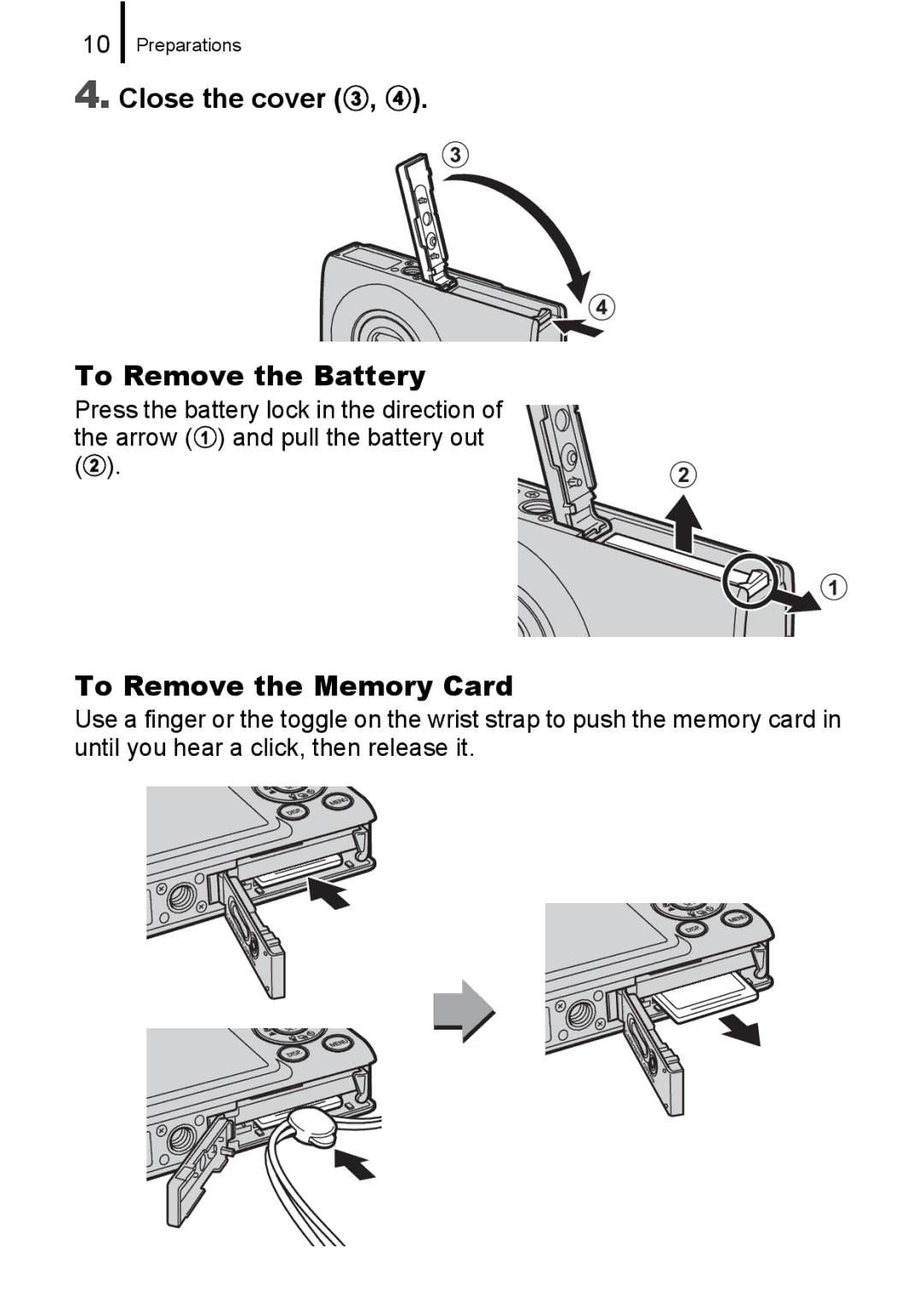 Canon IXUS82IS, IXUS 80IS manual Close the cover c, d To Remove the Battery, To Remove the Memory Card 