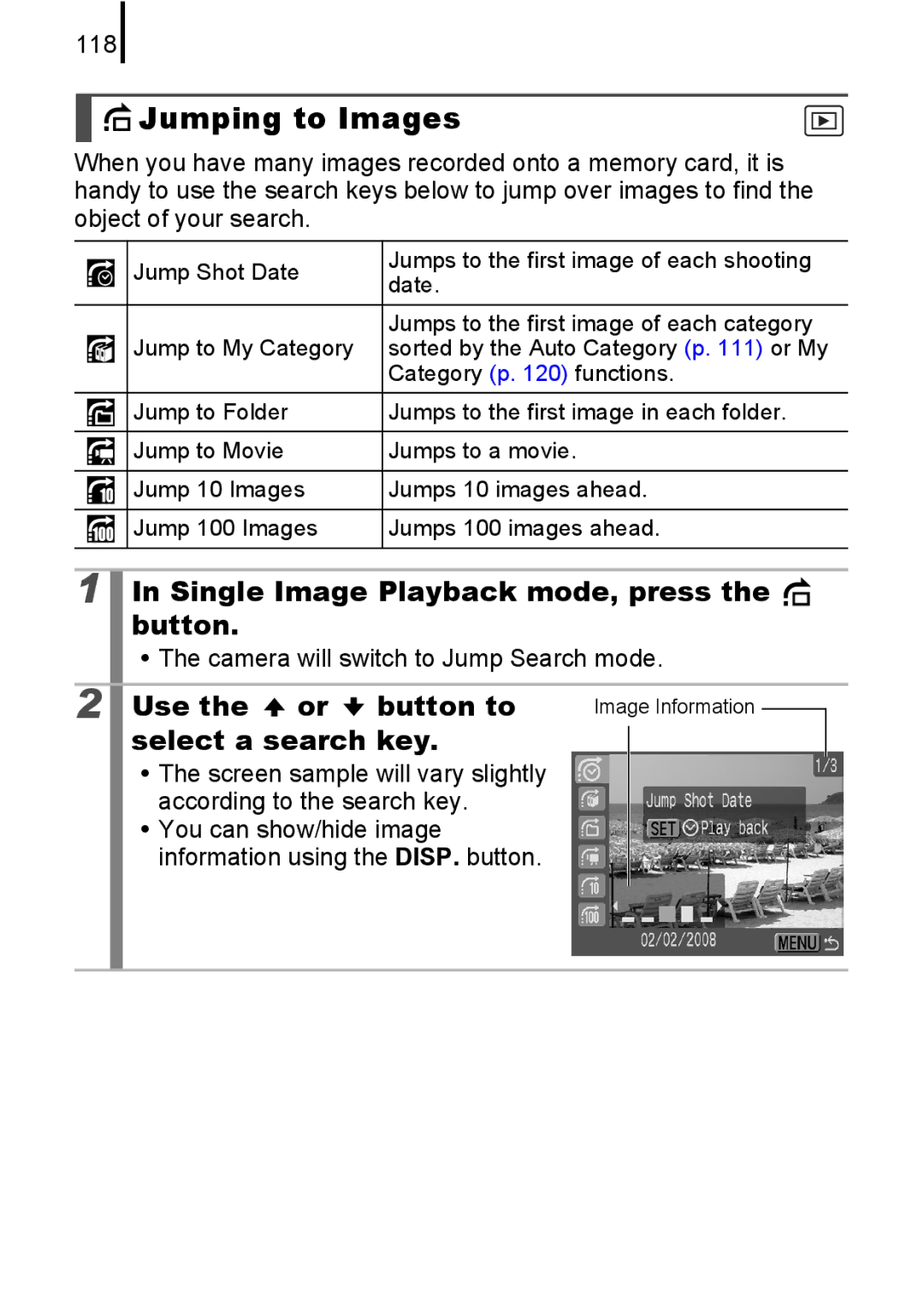 Canon IXUS82IS Jumping to Images, Single Image Playback mode, press the button, Use the or button to, Select a search key 