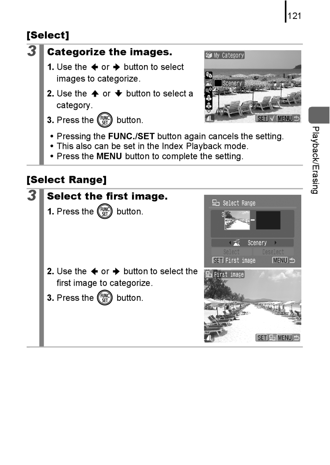 Canon IXUS 80IS, IXUS82IS manual Select Categorize the images, Select Range Select the first image, 121 