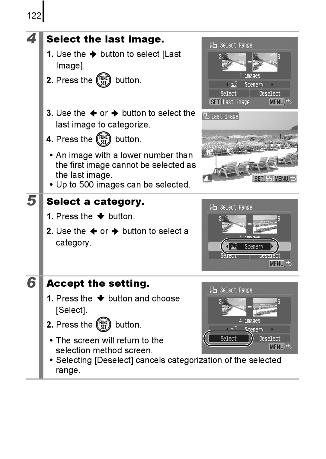 Canon IXUS82IS Select the last image, Select a category, 122, Press the button Use the or button to select a Category 