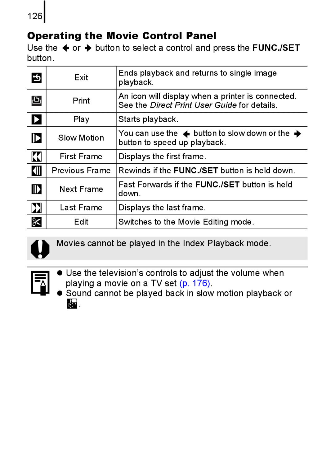 Canon IXUS82IS, IXUS 80IS manual Operating the Movie Control Panel, 126 