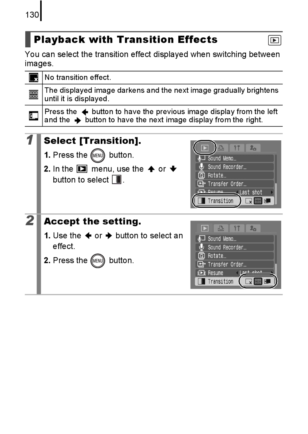 Canon IXUS82IS, IXUS 80IS manual Playback with Transition Effects, Select Transition, 130 