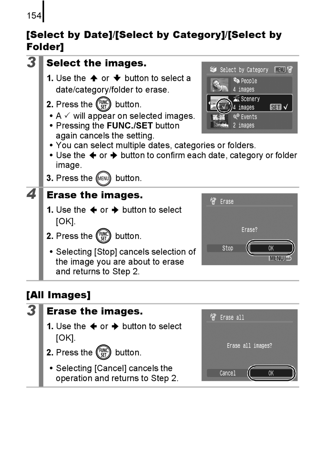 Canon IXUS82IS, IXUS 80IS manual All Images Erase the images, 154 