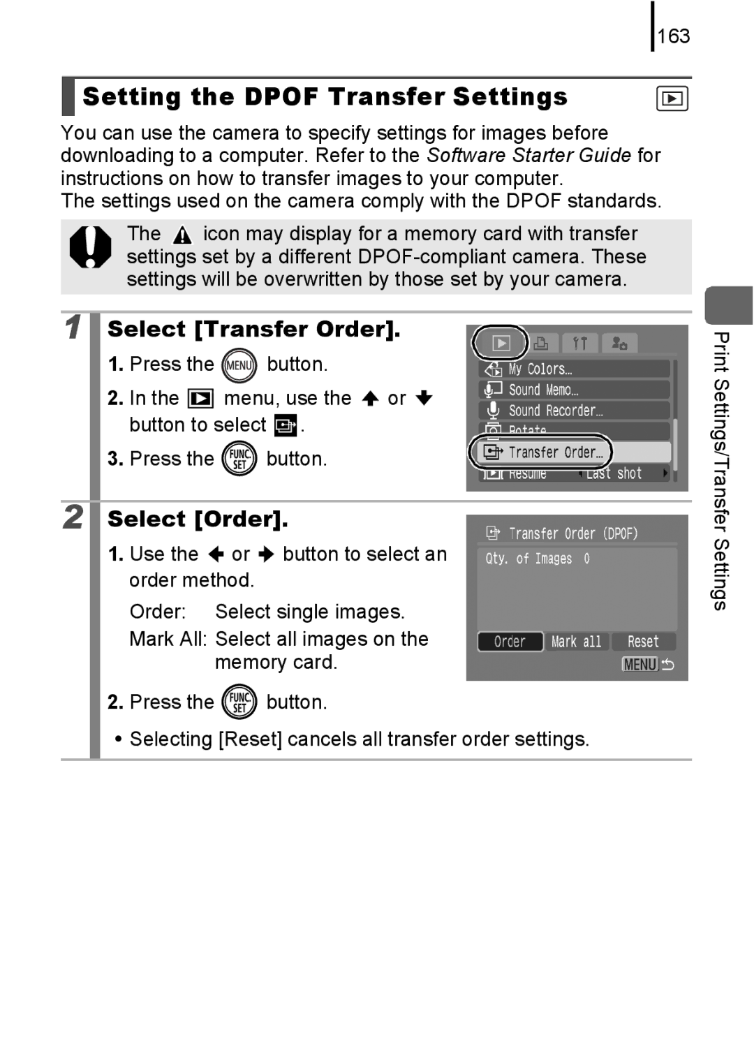 Canon IXUS 80IS, IXUS82IS manual Setting the Dpof Transfer Settings, Select Transfer Order, Select Order, 163 