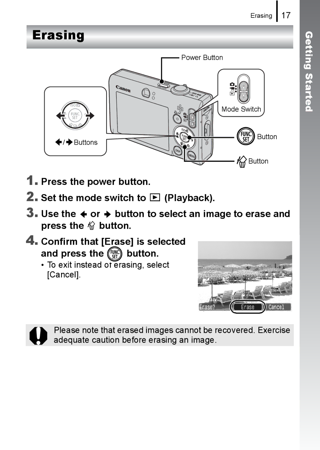 Canon IXUS 80IS, IXUS82IS manual Erasing 