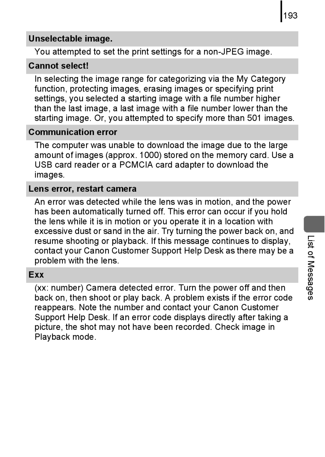 Canon IXUS 80IS, IXUS82IS manual Unselectable image, Cannot select, Communication error, Lens error, restart camera, Exx 