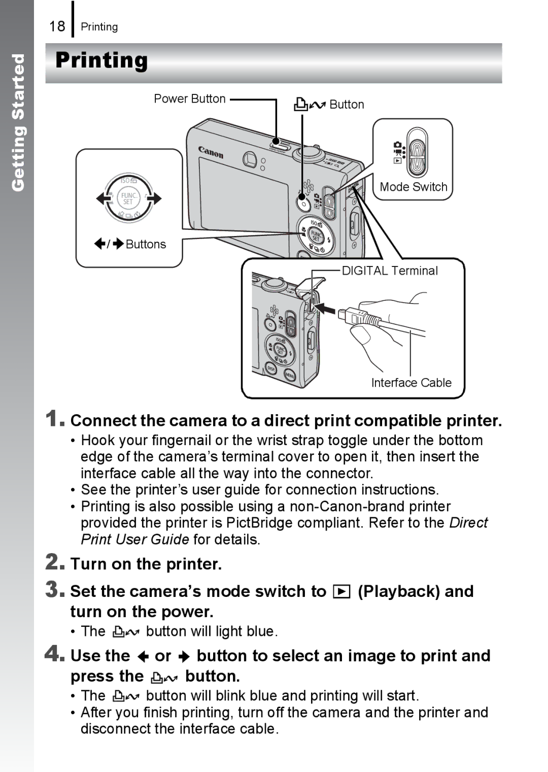 Canon IXUS82IS, IXUS 80IS manual Printing, Connect the camera to a direct print compatible printer, Button will light blue 