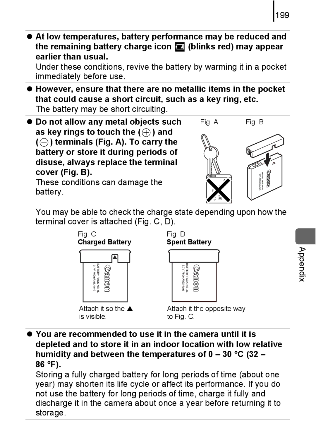 Canon IXUS 80IS, IXUS82IS manual 199, Battery may be short circuiting, Do not allow any metal objects such 