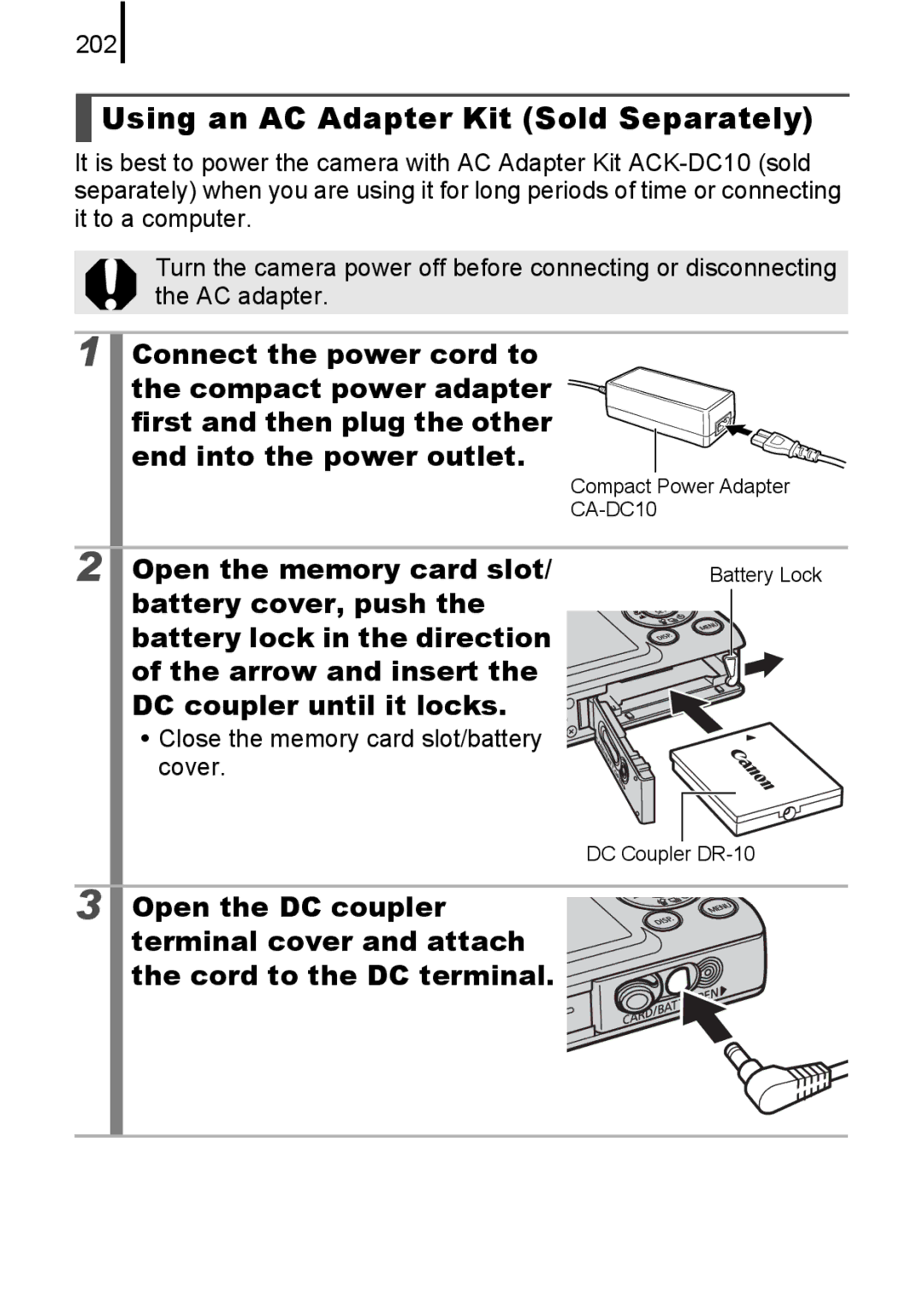 Canon IXUS82IS, IXUS 80IS manual Using an AC Adapter Kit Sold Separately, Open the memory card slot, 202 