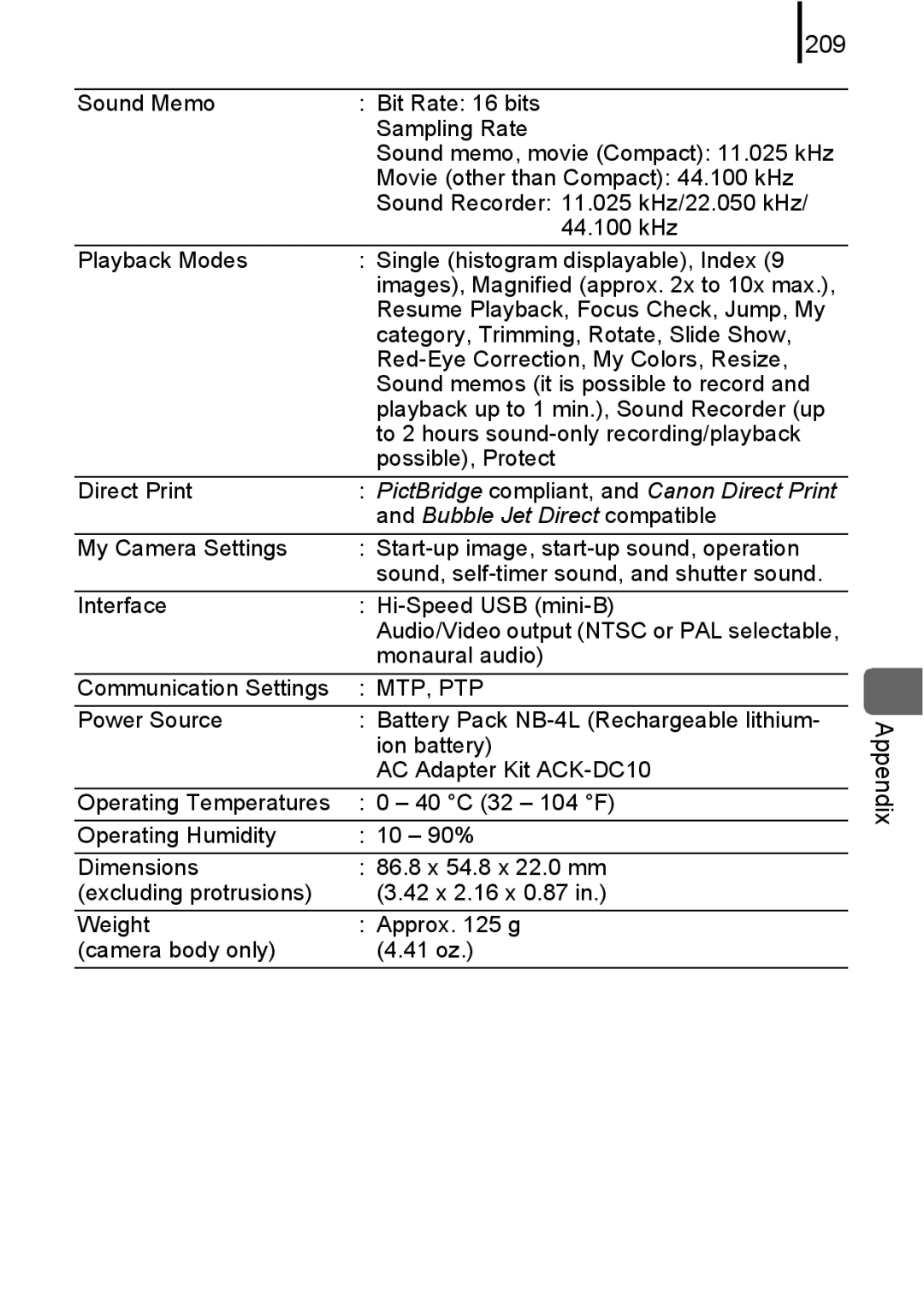 Canon IXUS 80IS, IXUS82IS manual 209, Bubble Jet Direct compatible 