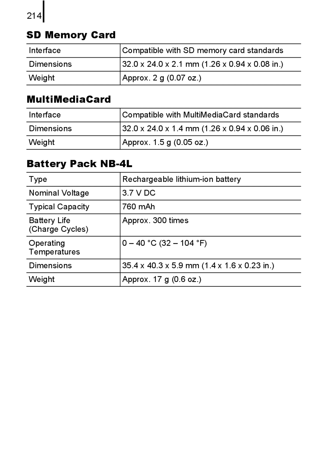 Canon IXUS82IS, IXUS 80IS manual SD Memory Card, MultiMediaCard, Battery Pack NB-4L, 214 