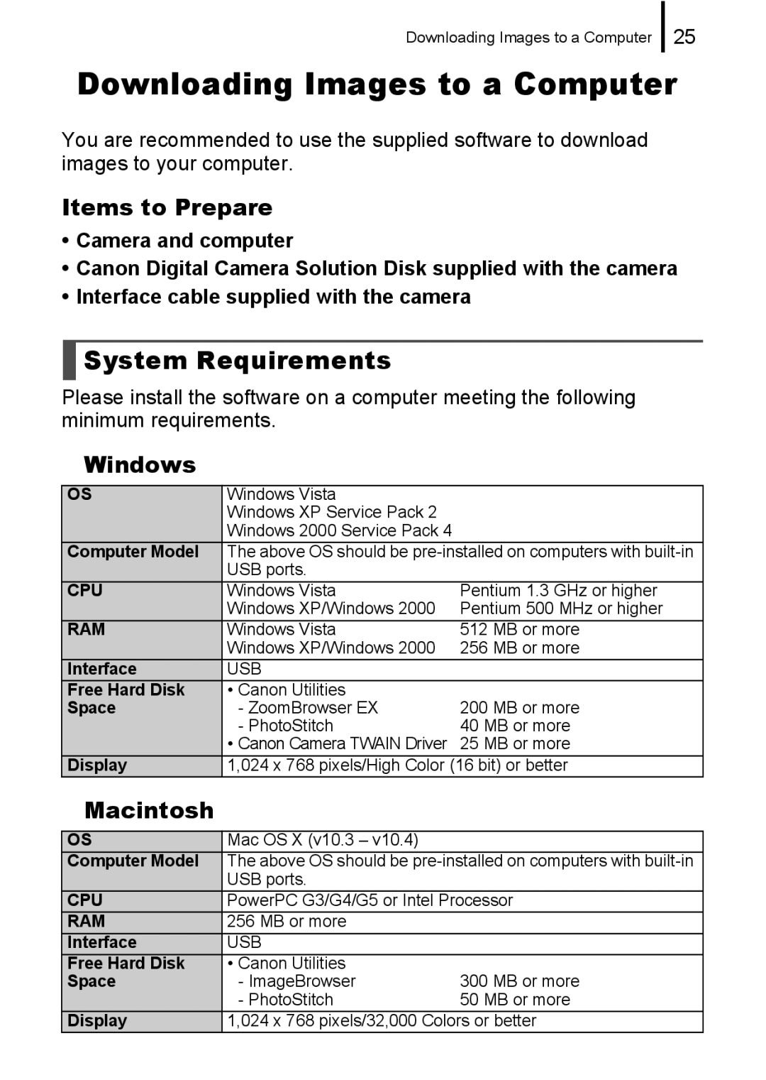 Canon IXUS 80IS, IXUS82IS Downloading Images to a Computer, System Requirements, Items to Prepare, „ Windows, „ Macintosh 