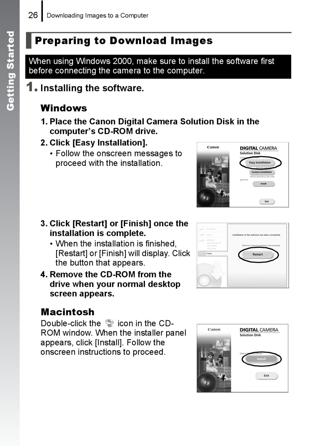 Canon IXUS82IS, IXUS 80IS manual Preparing to Download Images, Installing the software Windows, Macintosh 