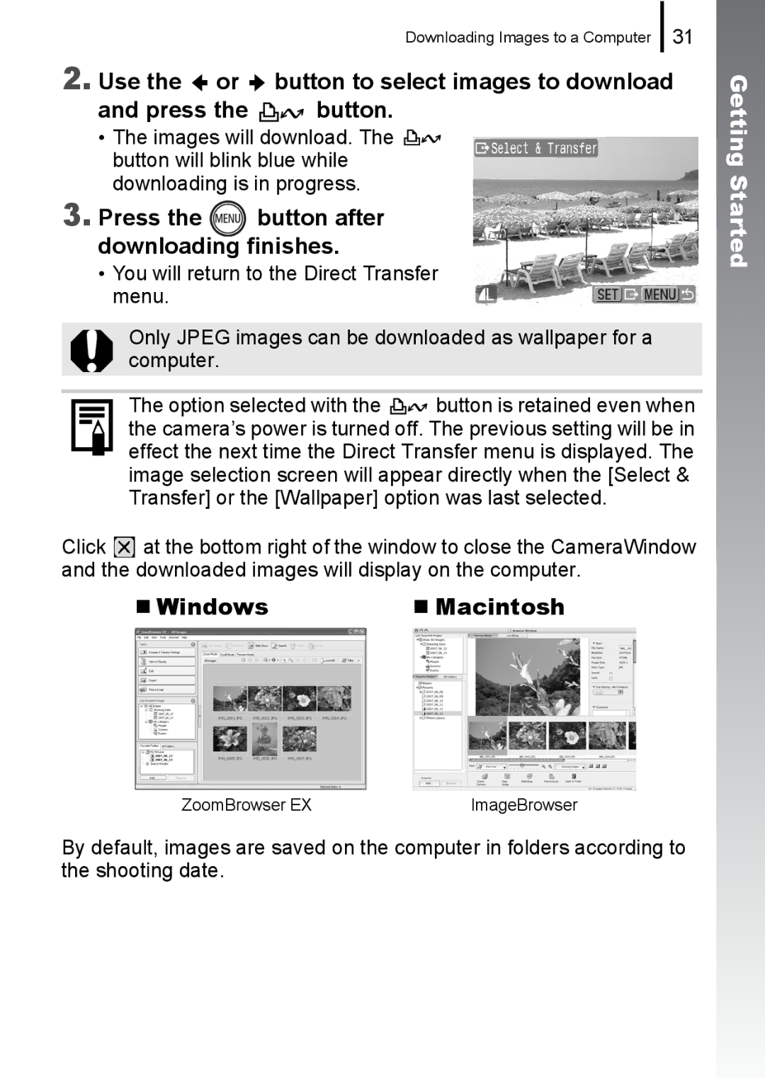 Canon IXUS 80IS, IXUS82IS manual Press the button after downloading finishes, „ Macintosh 