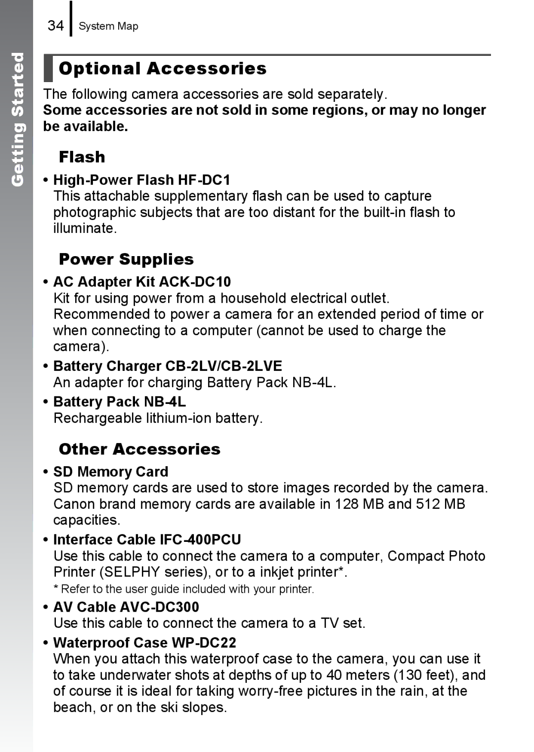 Canon IXUS82IS, IXUS 80IS manual Optional Accessories, „ Flash, „ Power Supplies, „ Other Accessories 