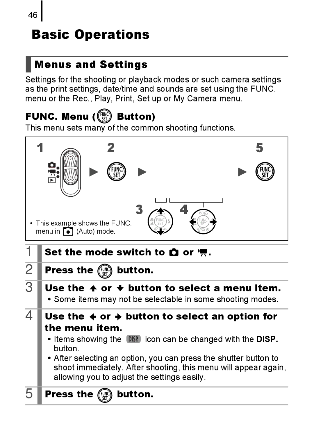 Canon IXUS82IS, IXUS 80IS manual Basic Operations, Menus and Settings, FUNC. Menu Button, Press Button 