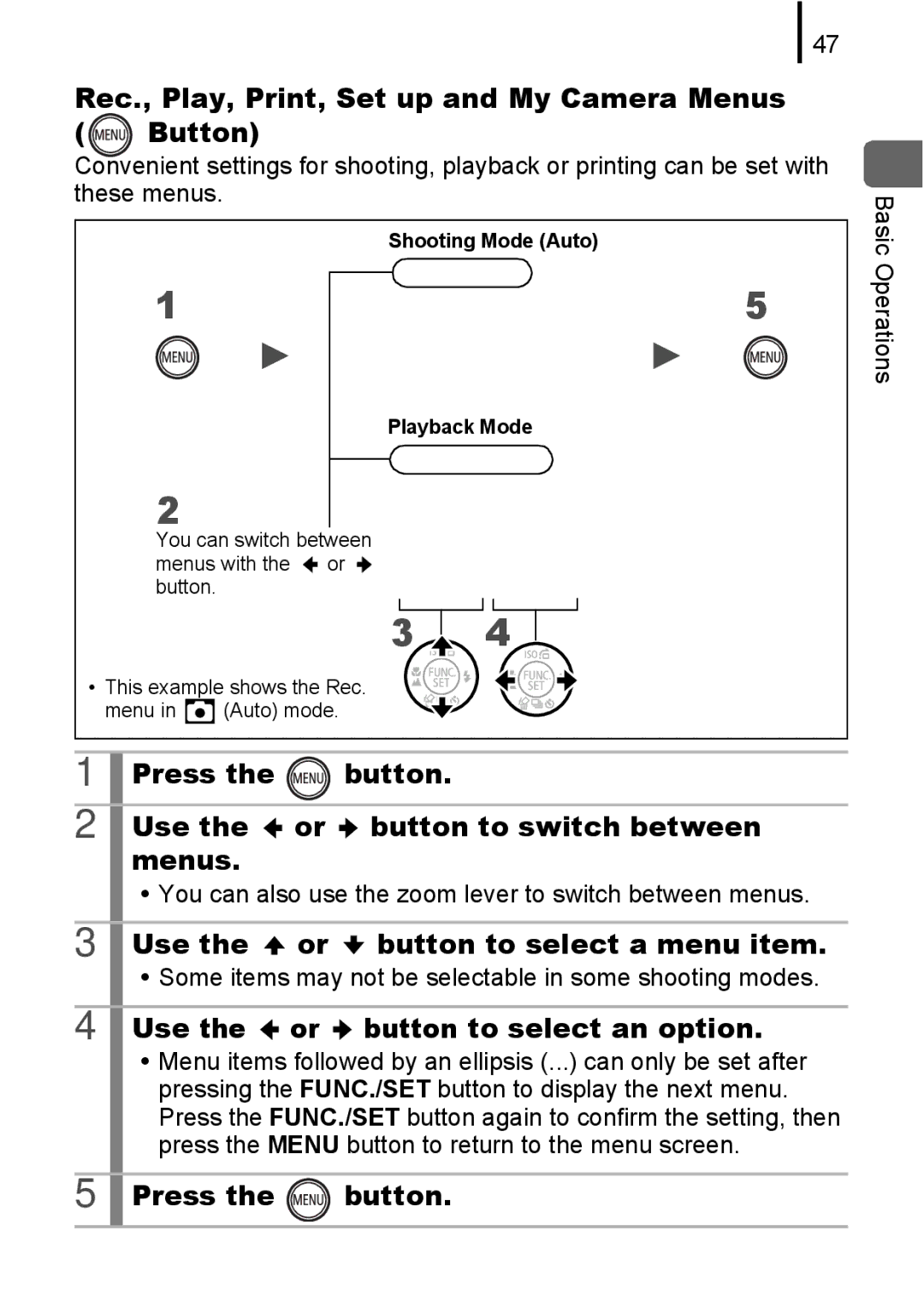 Canon IXUS 80IS, IXUS82IS manual Rec., Play, Print, Set up and My Camera Menus Button, Use the or button to select an option 