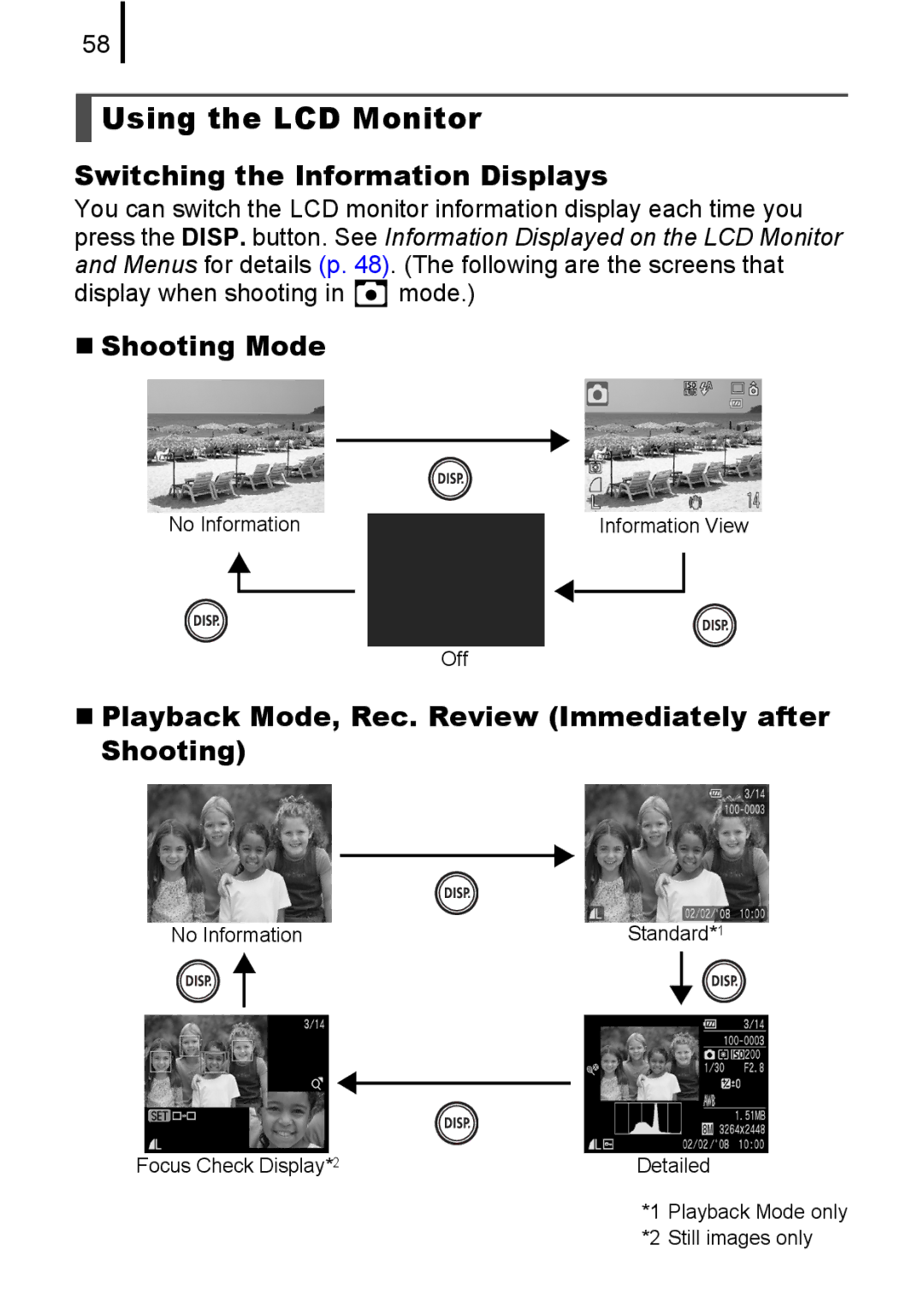 Canon IXUS82IS Using the LCD Monitor, Switching the Information Displays, „ Shooting Mode, Display when shooting in mode 